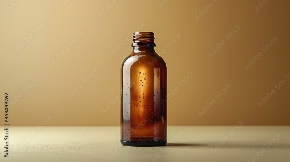 Glass bottle with brown liquid on a beige background. Glass bottle with brown liquid on a beige background.