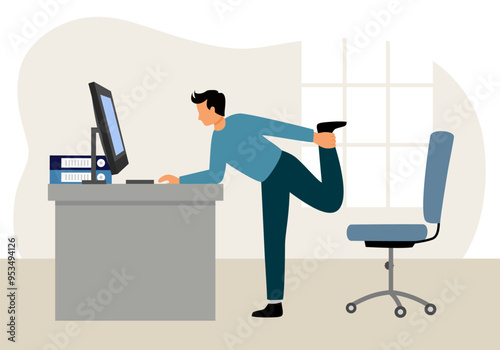 Employee doing stretching or small exercise at workplace to get rest and relaxation. Removing tension and muscle soreness character in flat design.