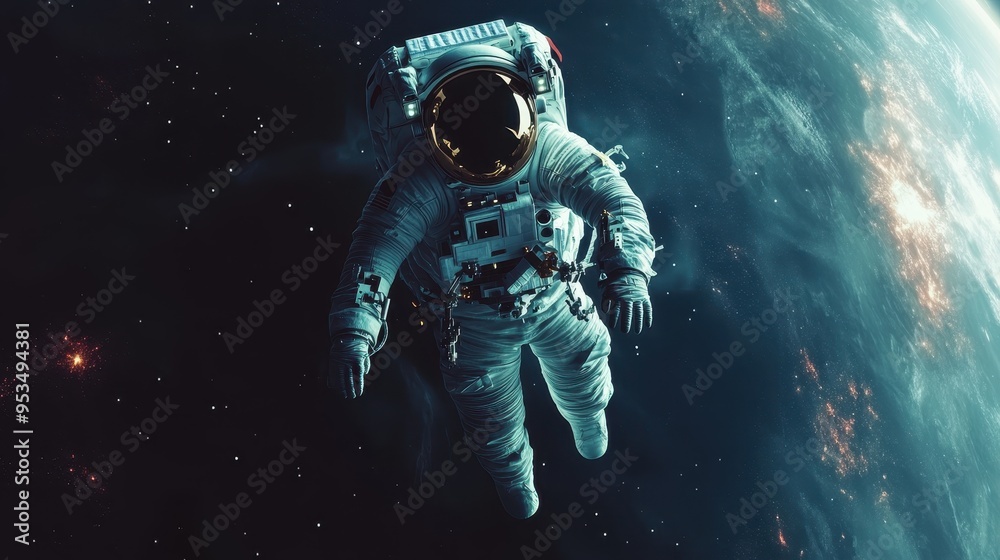 A man in a spacesuit is floating in space A man in a spacesuit is floating in space
