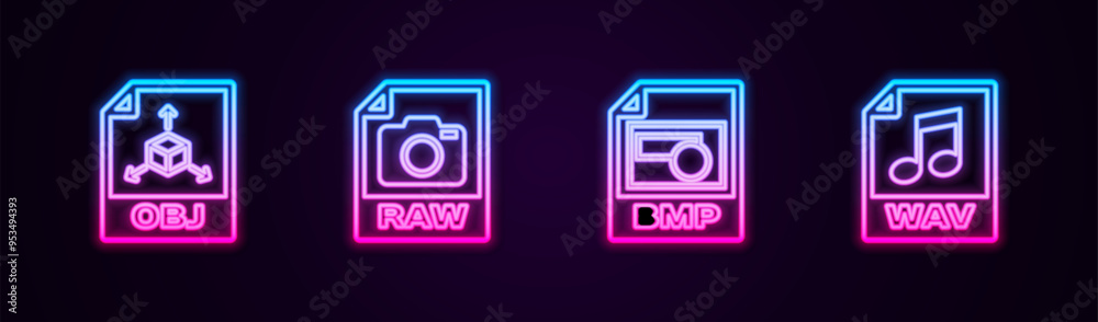 Set line OBJ file document, RAW, BMP and WAV. Glowing neon icon. Vector Set line OBJ file document, RAW, BMP and WAV. Glowing neon icon. Vector