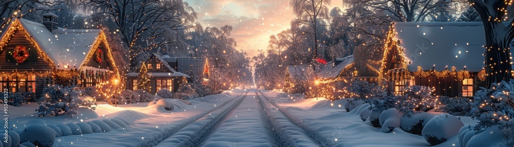 A serene winter scene featuring snow-covered houses adorned with lights, creating a festive atmosphere during sunset. A serene winter scene featuring snow-covered houses adorned with lights, creating a festive atmosphere during sunset.