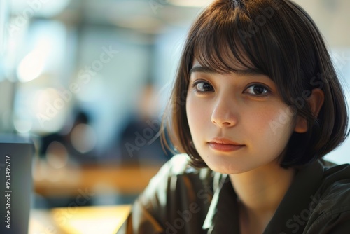 Female office worker in japan, smile, Short Haircut, overtime work