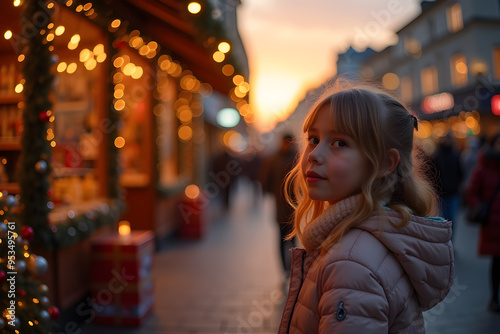 a close-up portrait of a little girl standing next to a stand with Christmas decorations