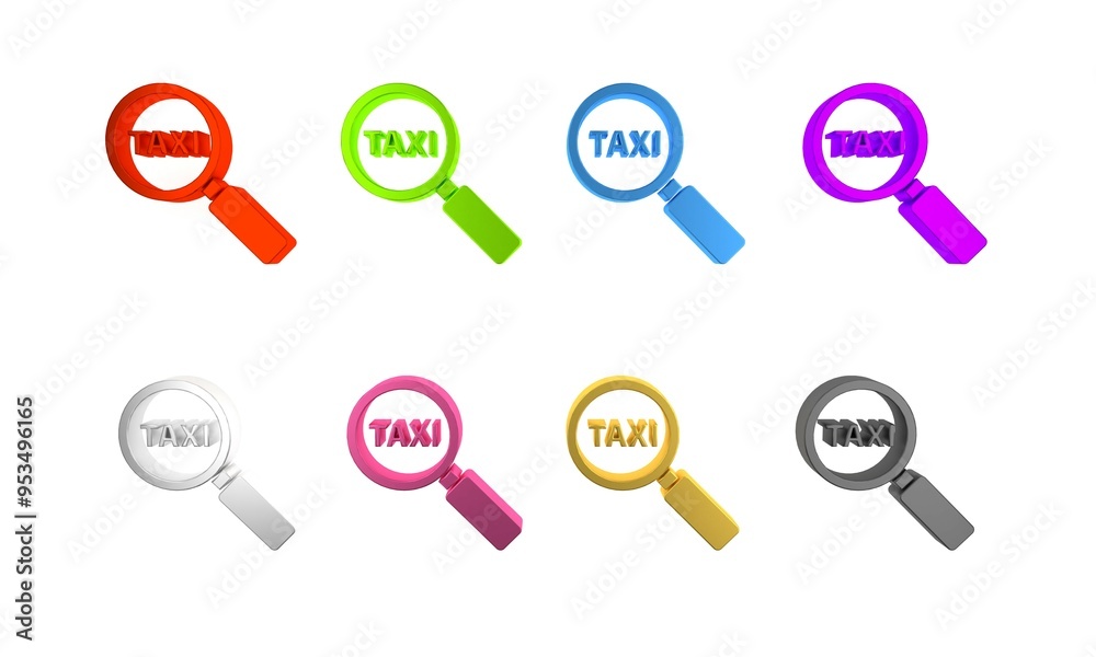 Colorful Magnifying glass and taxi car icon isolated on white background. Taxi search. Minimalism concept. 3D render illustration Colorful Magnifying glass and taxi car icon isolated on white background. Taxi search. Minimalism concept. 3D render illustration
