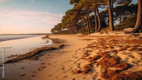 low tide beach in sunrise blue water at Ares at bassin d'Arcachon in Gironde france, AI generated photo