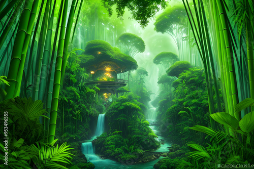 A vibrant bamboo forest with a cascading waterfall and a cozy treehouse nestled among the greenery. Perfect for nature, adventure, or eco-friendly themes, showcasing tranquility and natural beauty.
 photo