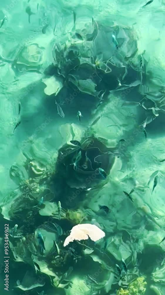 Blue water with sun glare and swimming fish. Top view of fish swimming in the water over a rocky bottom in the Red Sea in Egypt. The seaside resort is all inclusive and travel. Hurghada 2022