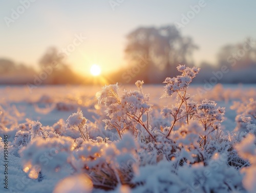 A serene winter sunrise illuminating frost-covered grass and delicate flowers in a peaceful landscape. photo