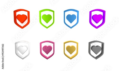 Colorful Heart with shield icon isolated on white background. Love symbol. Security, safety, protection, protect concept. Valentines day. Minimalism concept. 3D render illustration