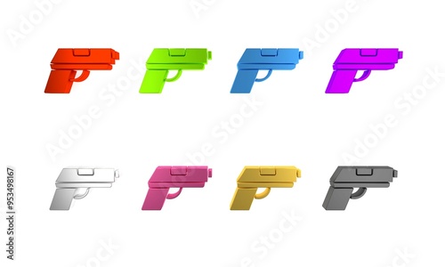 Colorful Pistol or gun icon isolated on white background. Police or military handgun. Small firearm. Minimalism concept. 3D render illustration