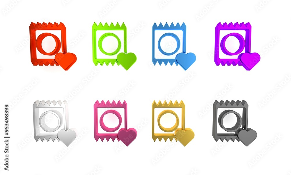 Colorful Condom in package icon isolated on white background. Safe love symbol. Contraceptive method for male. Minimalism concept. 3D render illustration Colorful Condom in package icon isolated on white background. Safe love symbol. Contraceptive method for male. Minimalism concept. 3D render illustration