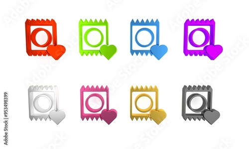 Colorful Condom in package icon isolated on white background. Safe love symbol. Contraceptive method for male. Minimalism concept. 3D render illustration