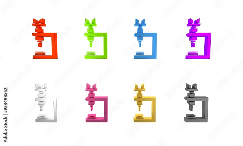 Obraz premium Colorful Microscope icon isolated on white background. Chemistry, pharmaceutical instrument, microbiology magnifying tool. Minimalism concept. 3D render illustration