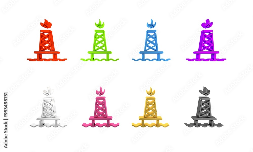 Colorful Oil rig with fire icon isolated on white background. Gas tower. Industrial object. Minimalism concept. 3D render illustration Colorful Oil rig with fire icon isolated on white background. Gas tower. Industrial object. Minimalism concept. 3D render illustration