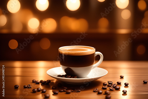 A warm, inviting cup of coffee on a wooden table, surrounded by scattered coffee beans, with a blurred, cozy bokeh background.