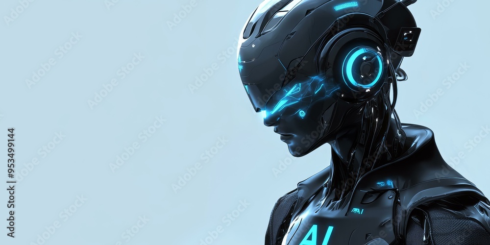 Black futuristic robot with blue glowing eyes. Black futuristic robot with blue glowing eyes.