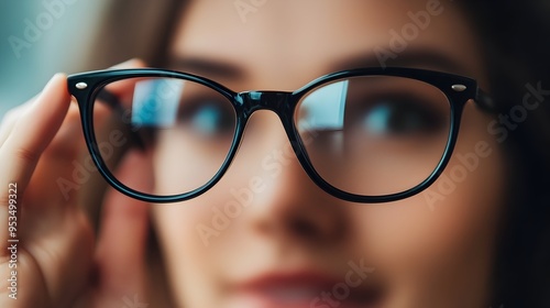 Elegant hand gracefully sliding classic black-rimmed glasses onto refined face with warm natural photo