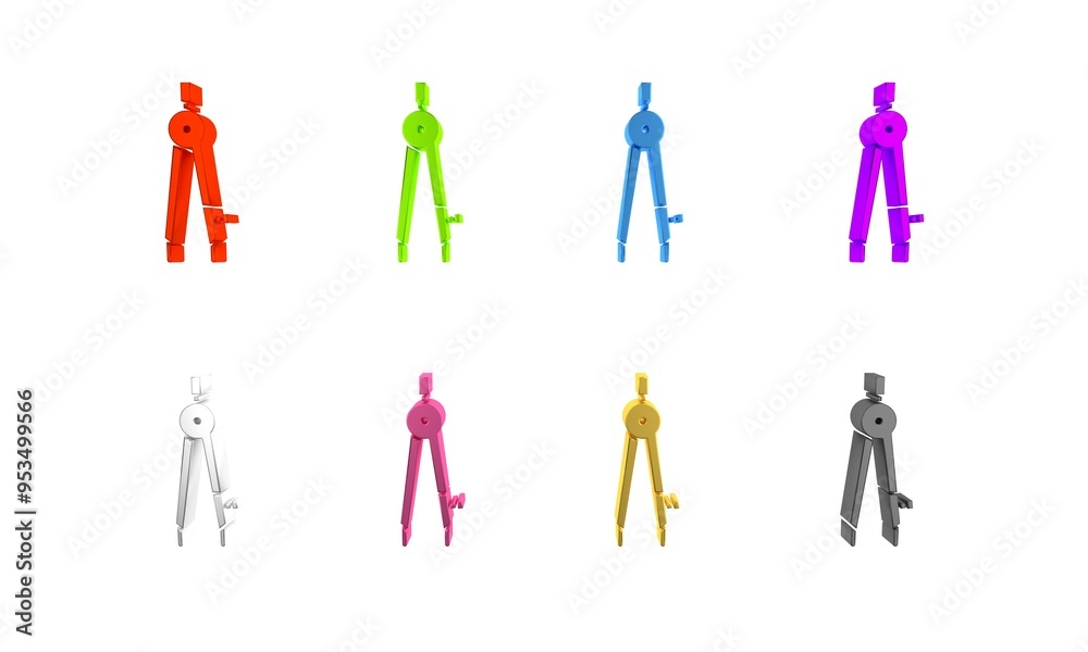 Colorful Drawing compass icon isolated on white background. Compasses sign. Drawing and educational tools. Geometric instrument. Minimalism concept. 3D render illustration Colorful Drawing compass icon isolated on white background. Compasses sign. Drawing and educational tools. Geometric instrument. Minimalism concept. 3D render illustration
