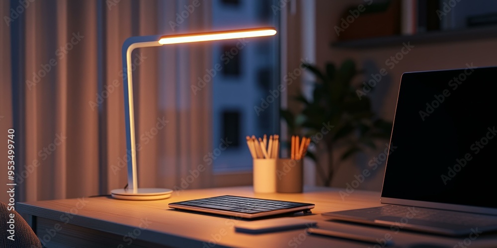 Desk lamp lit workspace with laptop and keyboard. Desk lamp lit workspace with laptop and keyboard.