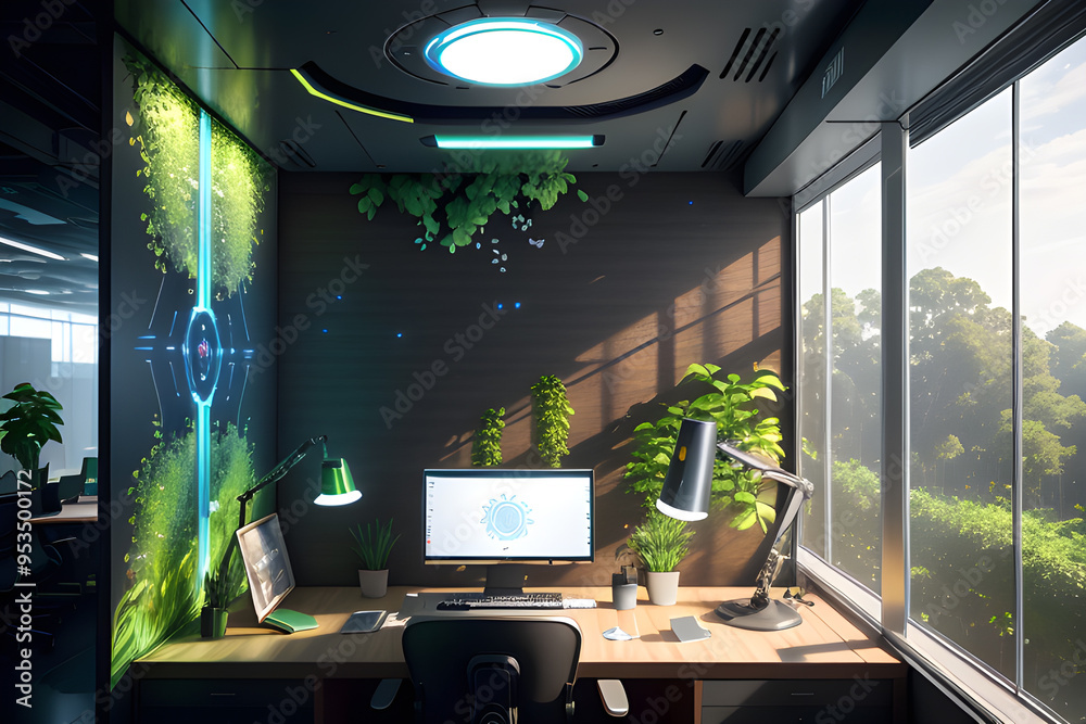 Reimagined Computer Workspace A futuristic workspace with a large window, greenery, and high-tech ...
