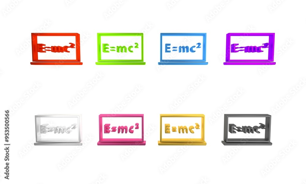 Fototapeta premium Colorful Math system of equation solution on chalkboard icon isolated on white background. E equals mc squared equation on computer screen. Minimalism concept. 3D render illustration