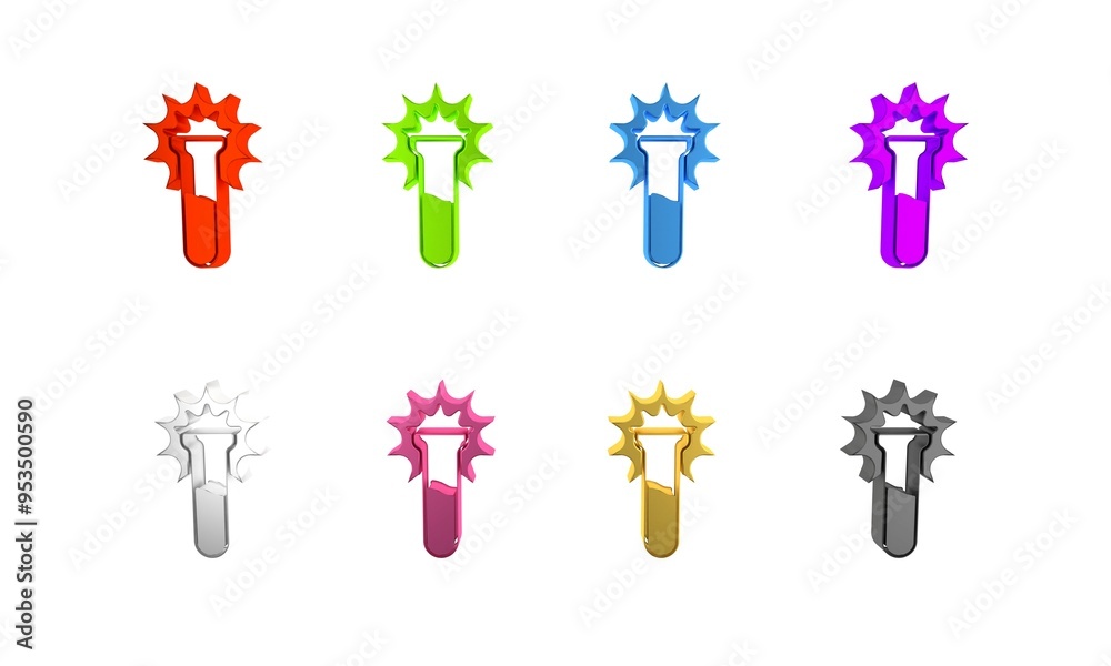 Colorful Test tube and flask icon isolated on white background. Chemical laboratory test. Laboratory glassware. Minimalism concept. 3D render illustration