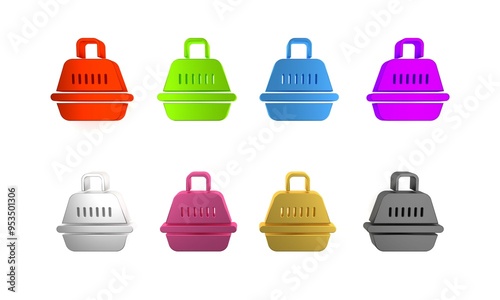 Colorful Pet carry case icon isolated on white background. Carrier for animals, dog and cat. Container for animals. Animal transport box. Minimalism concept. 3D render illustration