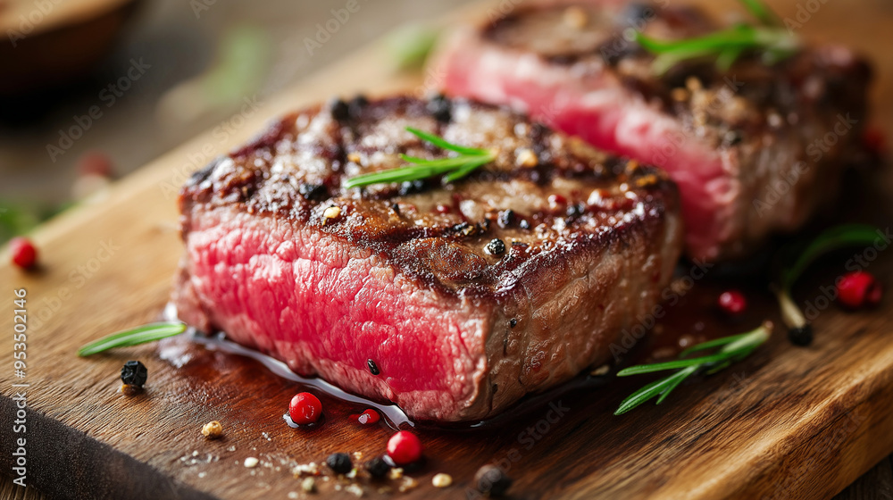 beef steak with rosemary On a wooden food platter