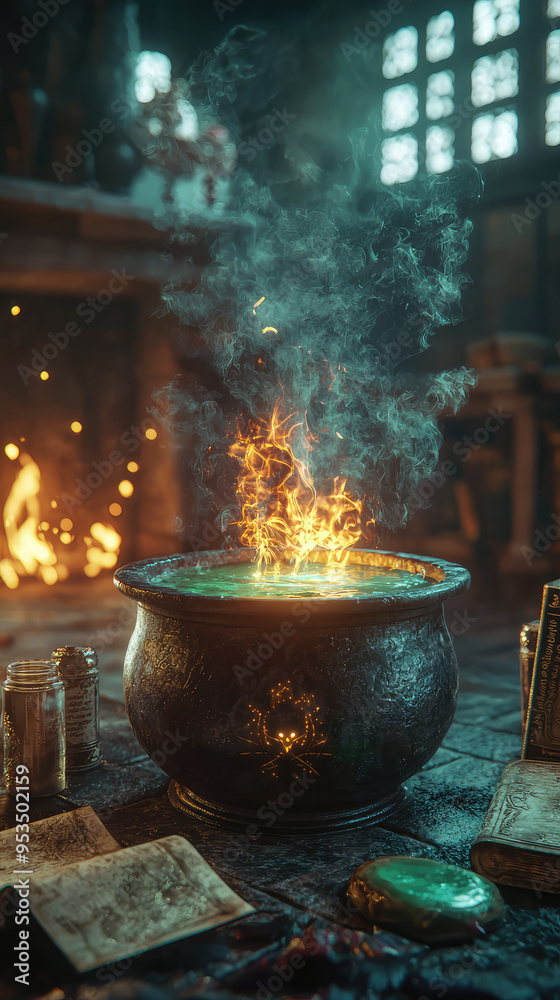 A Witch's Brew: A cauldron bubbles with a vibrant green potion, flames dance beneath, and smoke curls towards the shadowy room. A Witch's Brew: A cauldron bubbles with a vibrant green potion, flames dance beneath, and smoke curls towards the shadowy room.