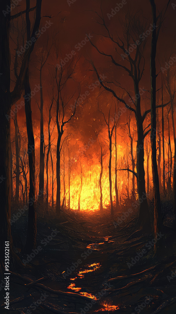 A Path Through the Inferno: Charred Trees and Ominous Shadows Dance in the Glowing Embers of a Forest Fire. A Path Through the Inferno: Charred Trees and Ominous Shadows Dance in the Glowing Embers of a Forest Fire.