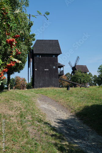 Old wooden windmill for milling grain, situated in Smigiel, called ‘town of windmills’, Greater Poland, Poland photo