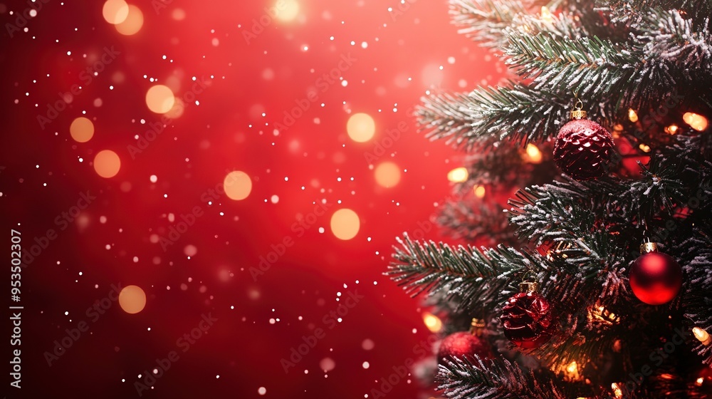 Christmas background with xmas tree and sparkle bokeh lights on red canvas background. Merry christmas card. Winter holiday theme. Happy New Year. Space for text, top view Christmas background with xmas tree and sparkle bokeh lights on red canvas background. Merry christmas card. Winter holiday theme. Happy New Year. Space for text, top view