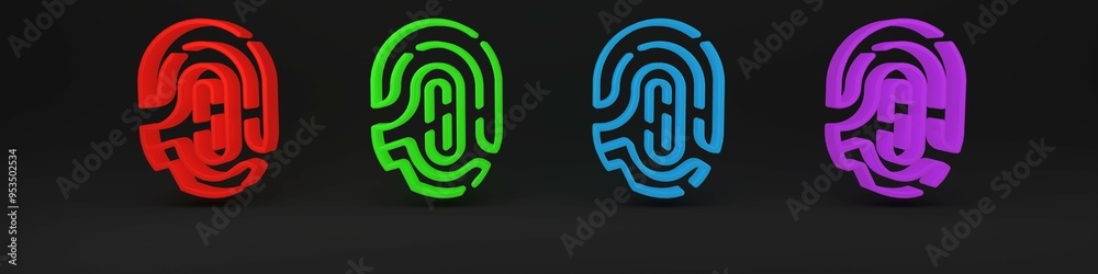 Colorful Fingerprint icon isolated on black background. ID app icon. Identification sign. Touch id. Minimalism concept. 3D render illustration Colorful Fingerprint icon isolated on black background. ID app icon. Identification sign. Touch id. Minimalism concept. 3D render illustration