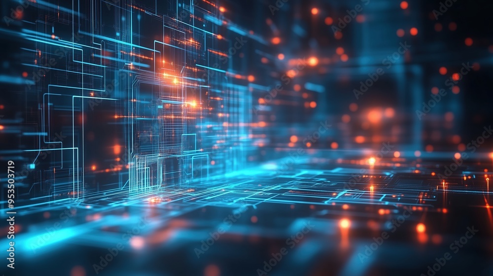 Futuristic technology background with glowing digital elements and circuit board in blue and orange tones, showcasing a high-tech scene. This 3D rendering represents a digital concept of big data visu