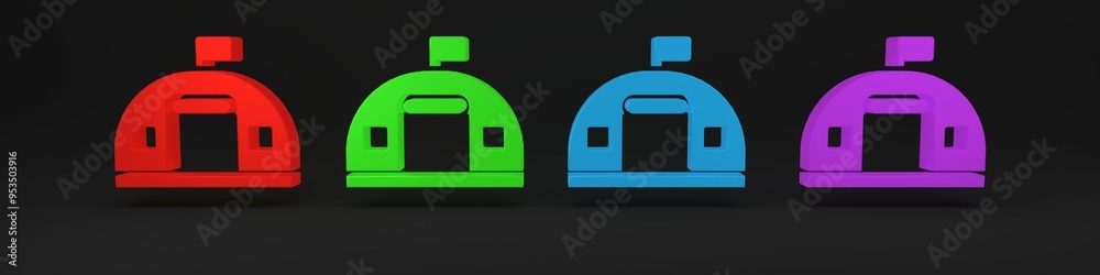 Colorful Military barracks station icon isolated on black background. Airstrikes architecture army. Minimalism concept. 3D render illustration Colorful Military barracks station icon isolated on black background. Airstrikes architecture army. Minimalism concept. 3D render illustration