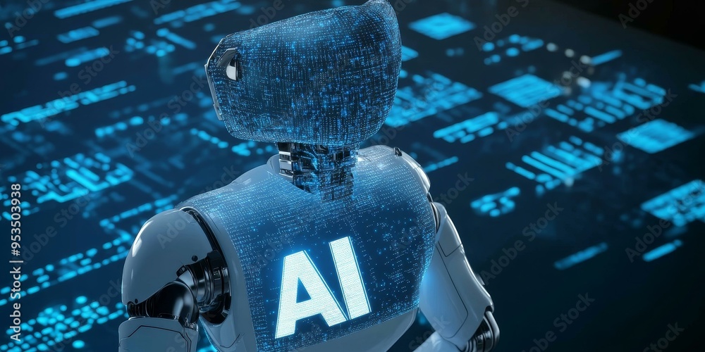 A futuristic AI robot with glowing blue details. A futuristic AI robot with glowing blue details.