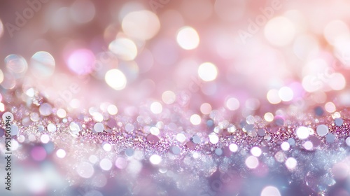 Beautiful festive background image with sparkles and bokeh in pastel pearl and silver colors. Selective focus, shallow depth of field