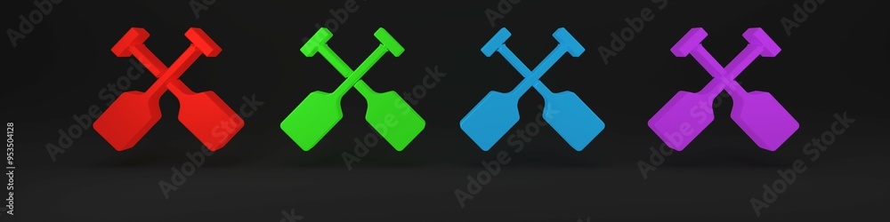 Colorful Paddle icon isolated on black background. Paddle boat oars. Minimalism concept. 3D render illustration Colorful Paddle icon isolated on black background. Paddle boat oars. Minimalism concept. 3D render illustration