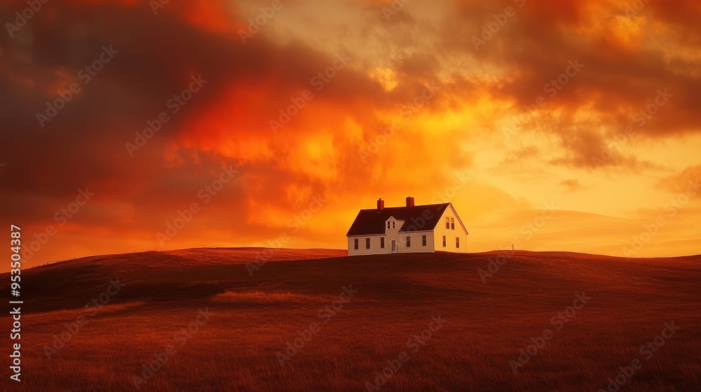 Fototapeta premium Dramatic sunset with orange and red skies framing a solitary white farmhouse on a hill