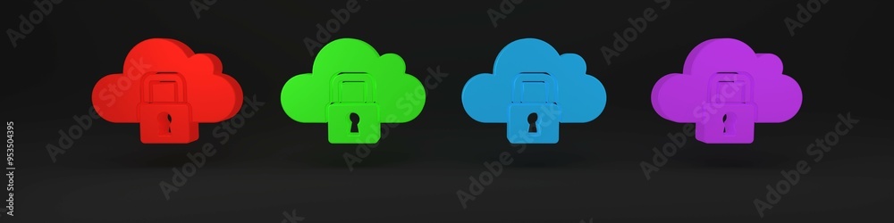 Colorful Cloud computing lock icon isolated on black background. Security, safety, protection concept. Protection of personal data. Minimalism concept. 3D render illustration Colorful Cloud computing lock icon isolated on black background. Security, safety, protection concept. Protection of personal data. Minimalism concept. 3D render illustration