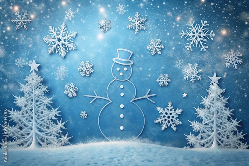 Winter wonderland scene featuring a minimalist snowman outline, crafted from delicate snowflakes, set against a serene, icy blue background with subtle tree silhouettes. photo