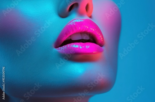 woman's face, mouth open, wearing pink lipstick, with colorful neon light