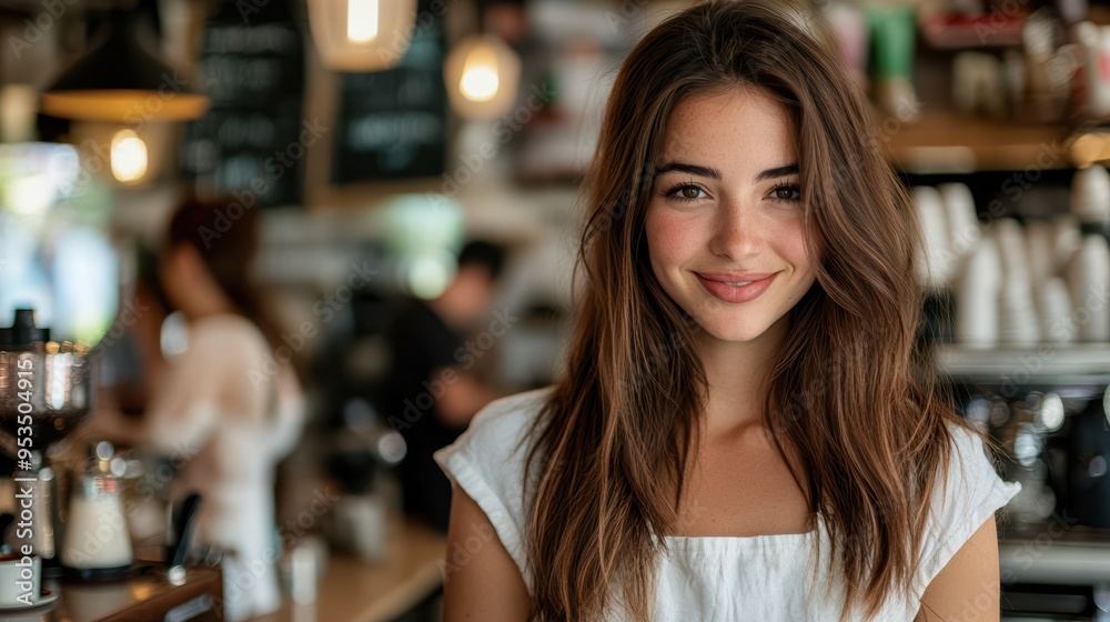 Fototapeta premium Woman enjoying a cozy moment in a bustling coffee shop. Warm lighting and relaxed atmosphere make it perfect for themes related to lifestyle, relaxation, and social gatherings