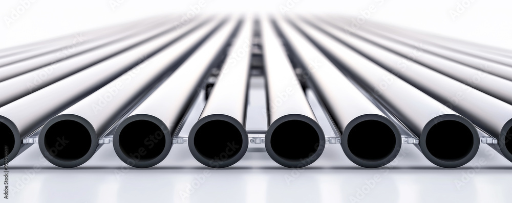 A close-up view of metallic pipes arranged in parallel, showcasing their smooth surfaces and uniformity for industrial applications.