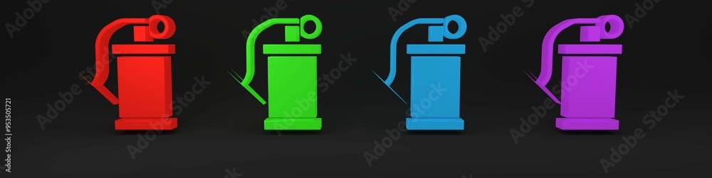 Colorful Hand smoke grenade icon isolated on black background. Bomb explosion. Minimalism concept. 3D render illustration Colorful Hand smoke grenade icon isolated on black background. Bomb explosion. Minimalism concept. 3D render illustration