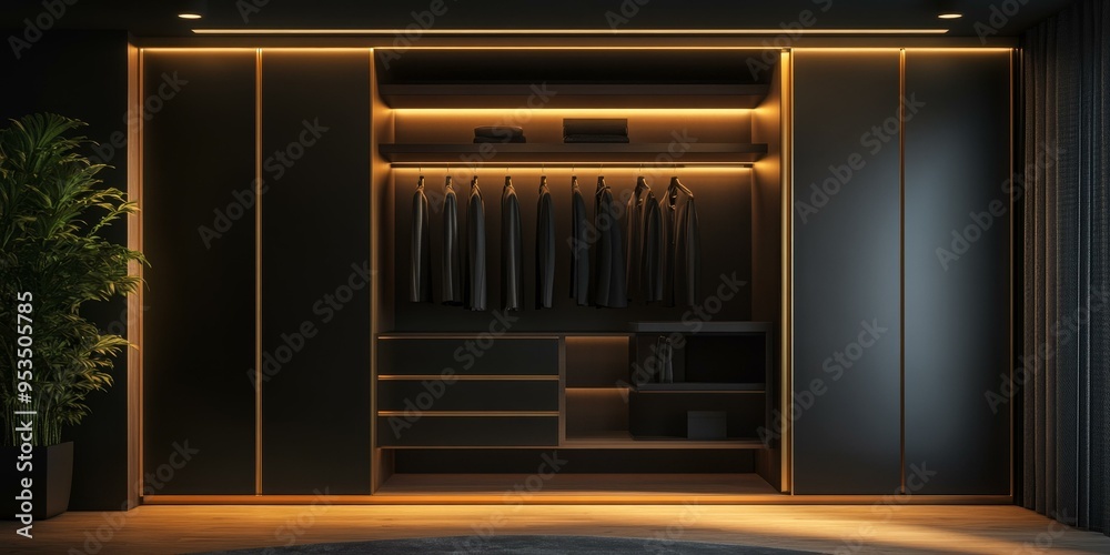A modern closet with lit shelves and hanging suits. A modern closet with lit shelves and hanging suits.