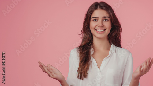 Charming female lady open hands palm up holding something on isolated pink background. Asian cute Pretty people looking copy space. photo