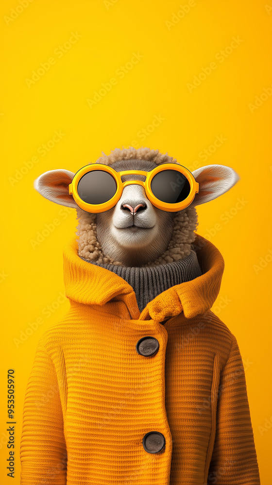Fototapeta premium illustration of anthropomorphic cute sheep wearing stylish yellow jacket and sunglasses against yellow background.