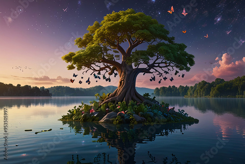 A Colossal Tree with Butterfly Leaves Grows from a Floating Island Above a Calm Lake Reflecting a Sky Filled with Multiple Moons photo