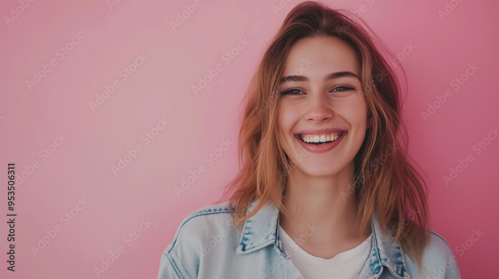Close up shot of delighted beautiful friendly looking female with positive expression, has charming smile, rejoices meeting with friends, stands against pink background. People and emotions concept Close up shot of delighted beautiful friendly looking female with positive expression, has charming smile, rejoices meeting with friends, stands against pink background. People and emotions concept